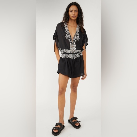 Free People Weila Romper Embroidered Tie Short Sleeve Pockets Black Small - Picture 8 of 14